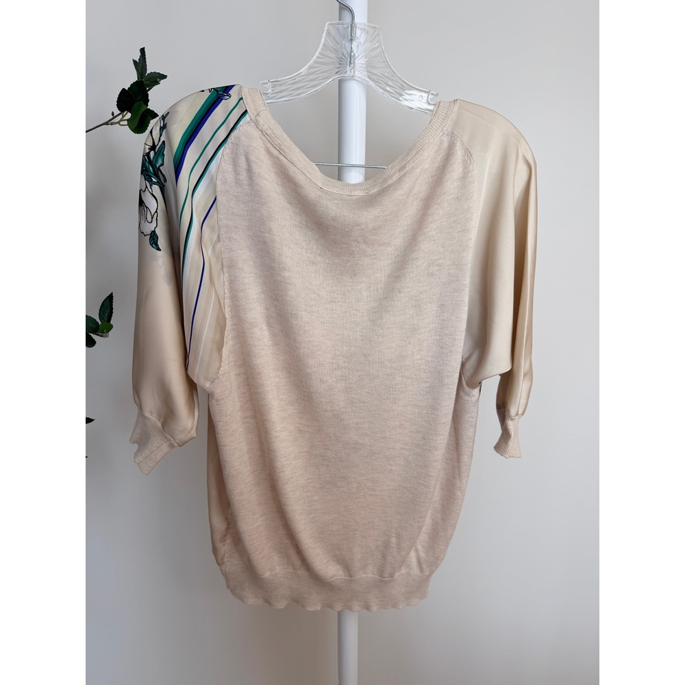 White House Black Market Floral Mixed Media Top Cream Blue M 3/4 Sleeve Blouse - Picture 4 of 6